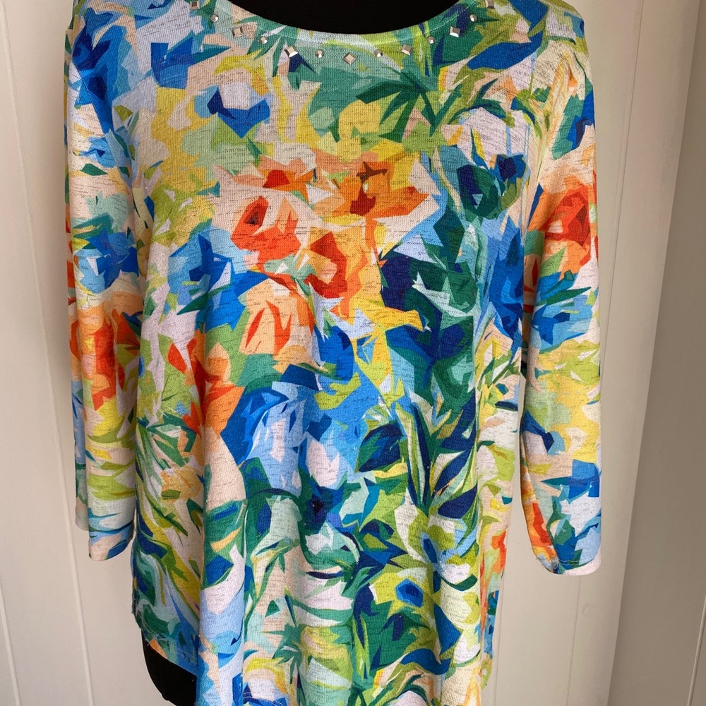 Alfred Dunner Women’s Island Vibes Tropical Floral Top | Size Petite Large